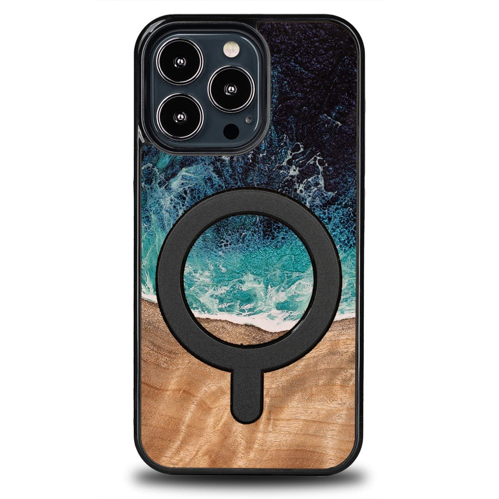 Holzhülle für iPhone 13 Pro, Bewood Unique Dream Island für MagSafe, Blau-Braun
