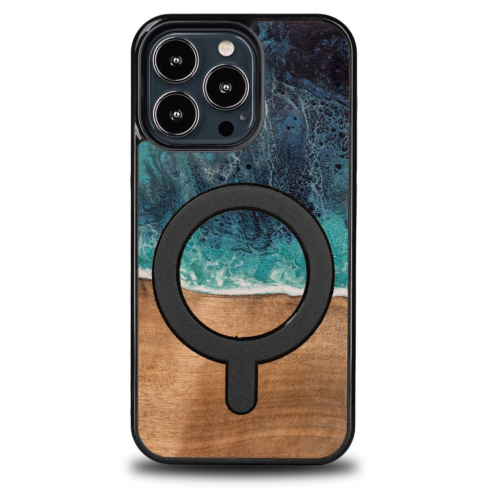 Holzhülle für iPhone 13 Pro, Bewood Unique Dream Island für MagSafe, Blau-Braun