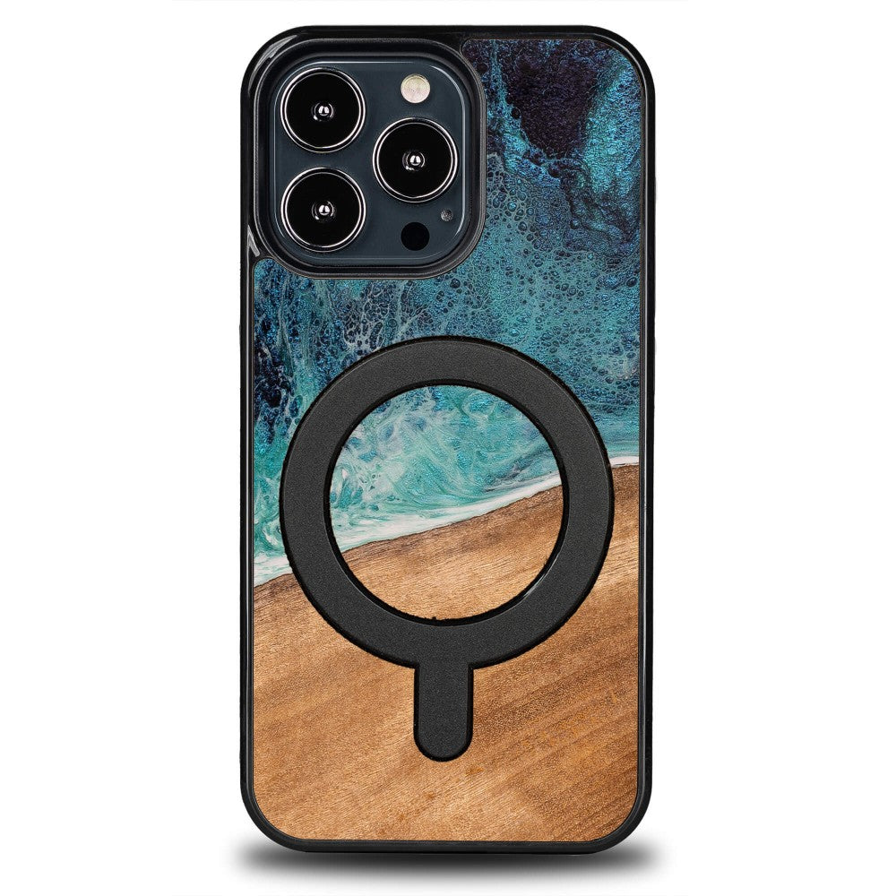 Holzhülle für iPhone 13 Pro, Bewood Unique Dream Island für MagSafe, Blau-Braun