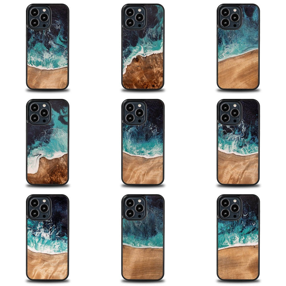 Holzhülle für iPhone 13 Pro, Bewood Unique Dream Island, Blau-Braun
