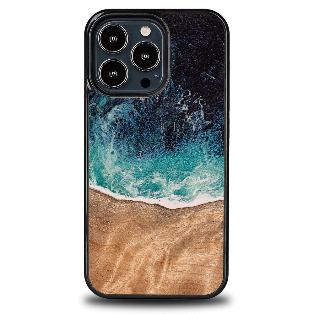 Holzhülle für iPhone 13 Pro, Bewood Unique Dream Island, Blau-Braun