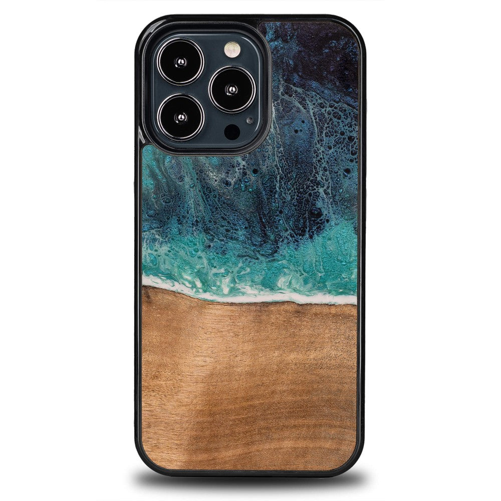 Holzhülle für iPhone 13 Pro, Bewood Unique Dream Island, Blau-Braun