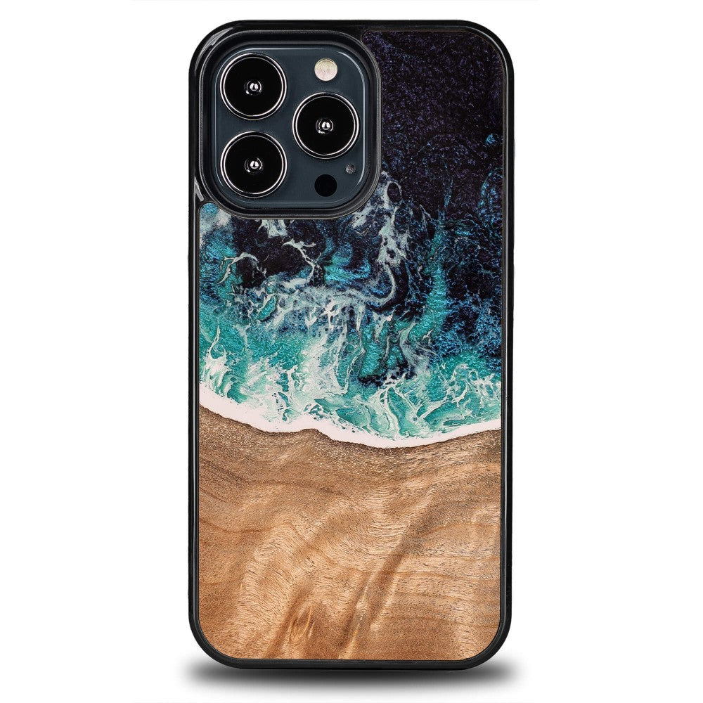 Holzhülle für iPhone 13 Pro, Bewood Unique Dream Island, Blau-Braun