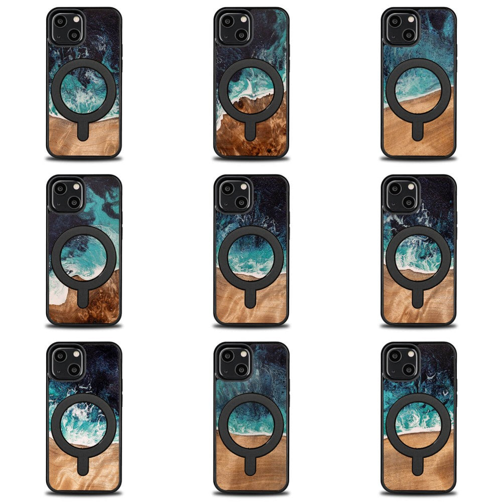 Holzhülle für iPhone 13 Mini, Bewood Unique Dream Island für MagSafe, Blau-Braun