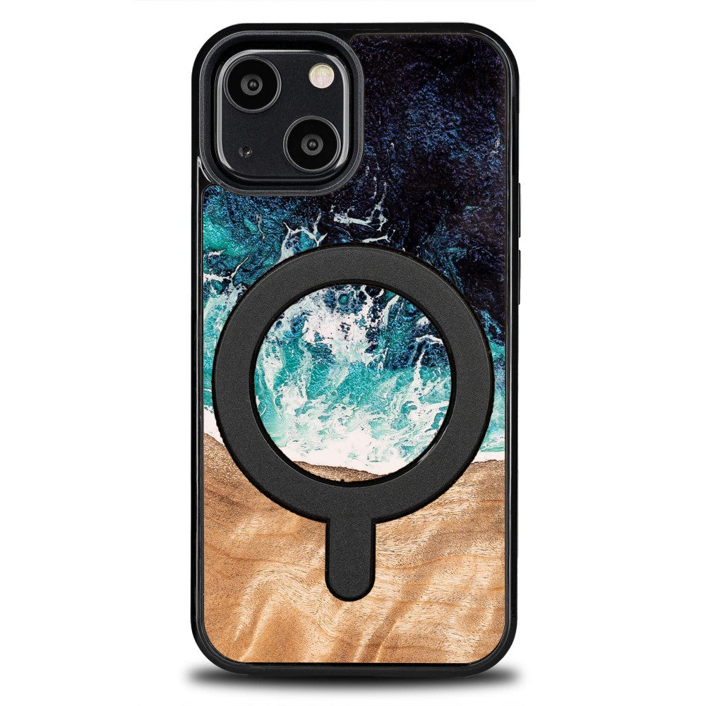 Holzhülle für iPhone 13 Mini, Bewood Unique Dream Island für MagSafe, Blau-Braun