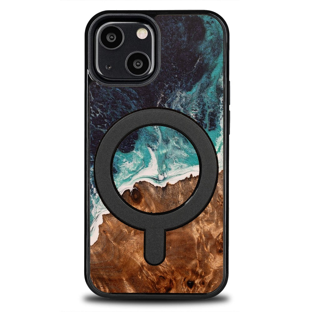 Holzhülle für iPhone 13 Mini, Bewood Unique Dream Island für MagSafe, Blau-Braun