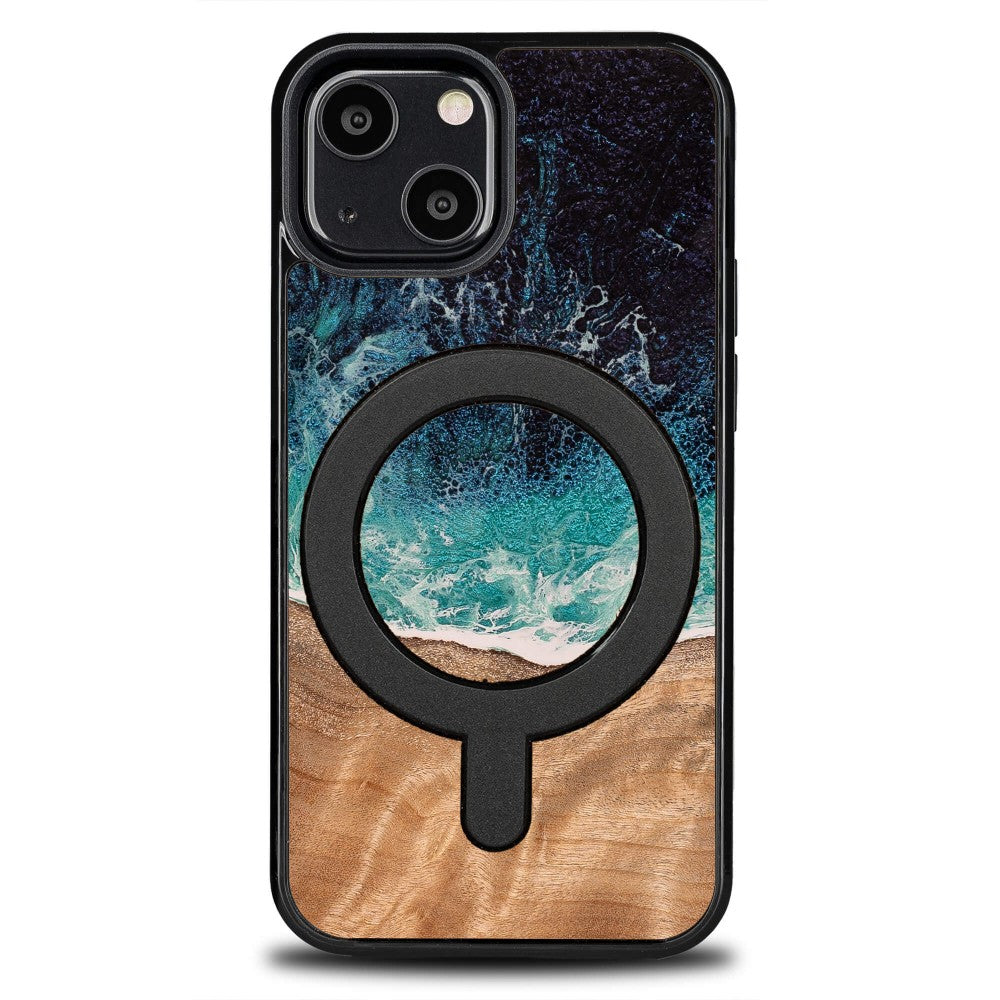 Holzhülle für iPhone 13 Mini, Bewood Unique Dream Island für MagSafe, Blau-Braun