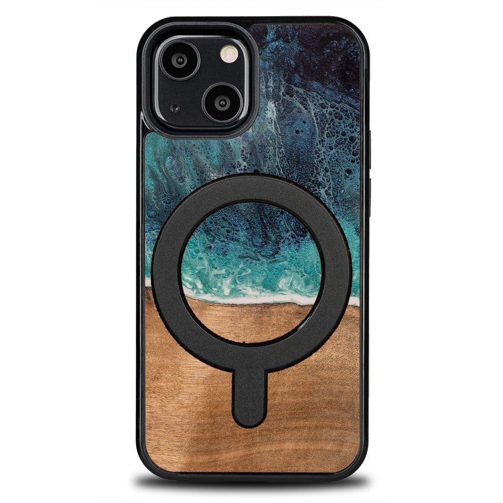 Holzhülle für iPhone 13 Mini, Bewood Unique Dream Island für MagSafe, Blau-Braun