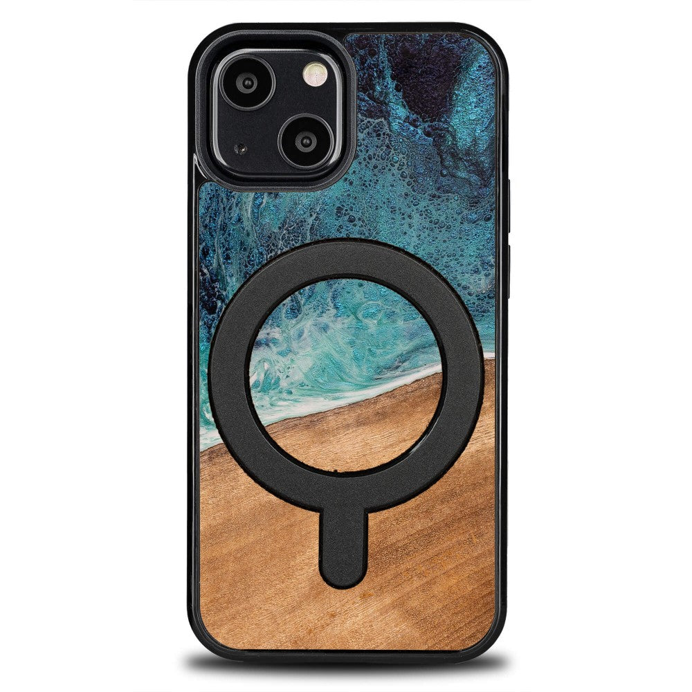 Holzhülle für iPhone 13 Mini, Bewood Unique Dream Island für MagSafe, Blau-Braun