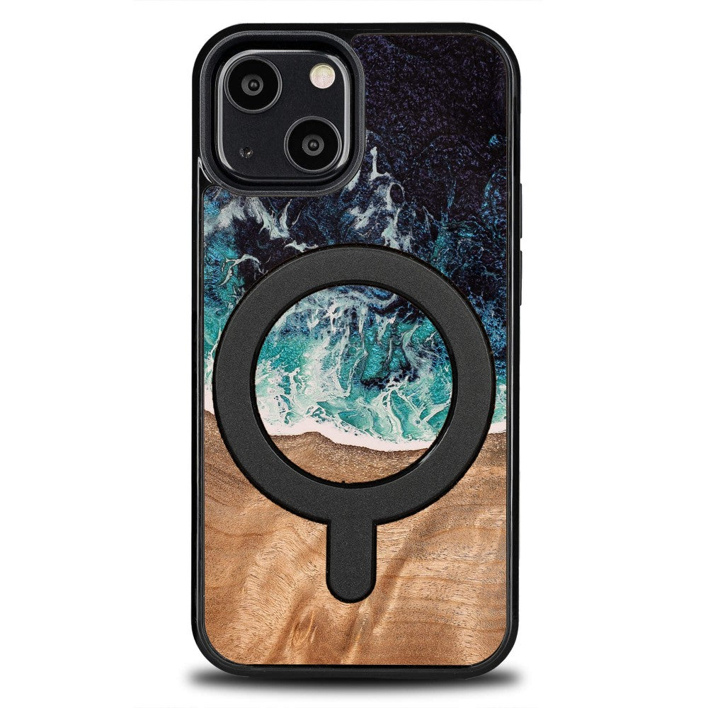 Holzhülle für iPhone 13 Mini, Bewood Unique Dream Island für MagSafe, Blau-Braun