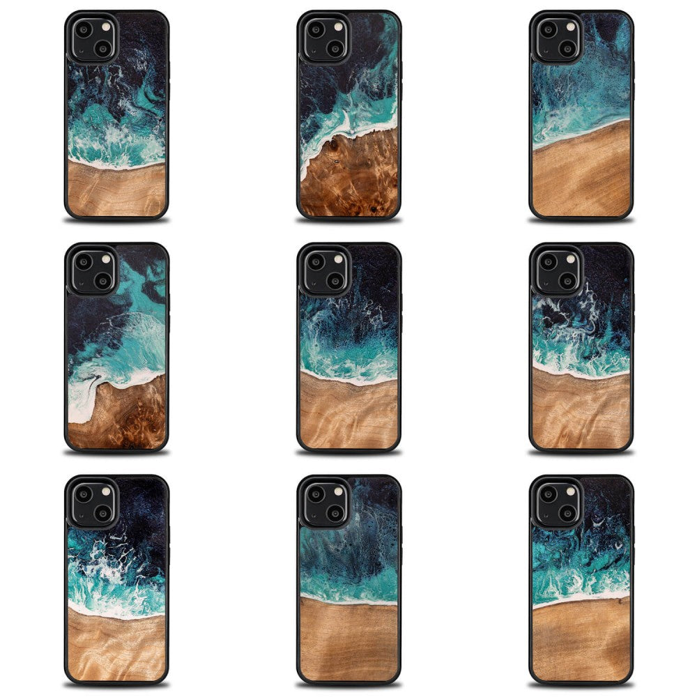 Holzhülle für iPhone 13 Mini, Bewood Unique Dream Island, Blau-Braun