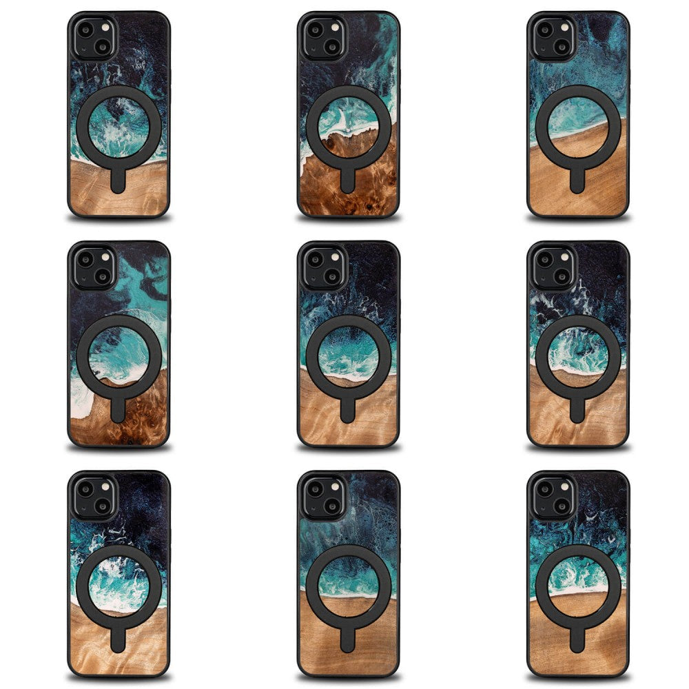 Holzhülle für iPhone 13, Bewood Unique Dream Island für MagSafe, Blau-Braun