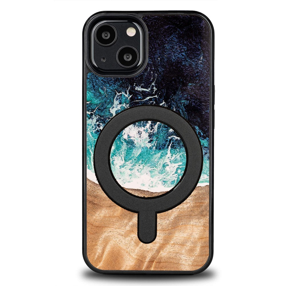 Holzhülle für iPhone 13, Bewood Unique Dream Island für MagSafe, Blau-Braun