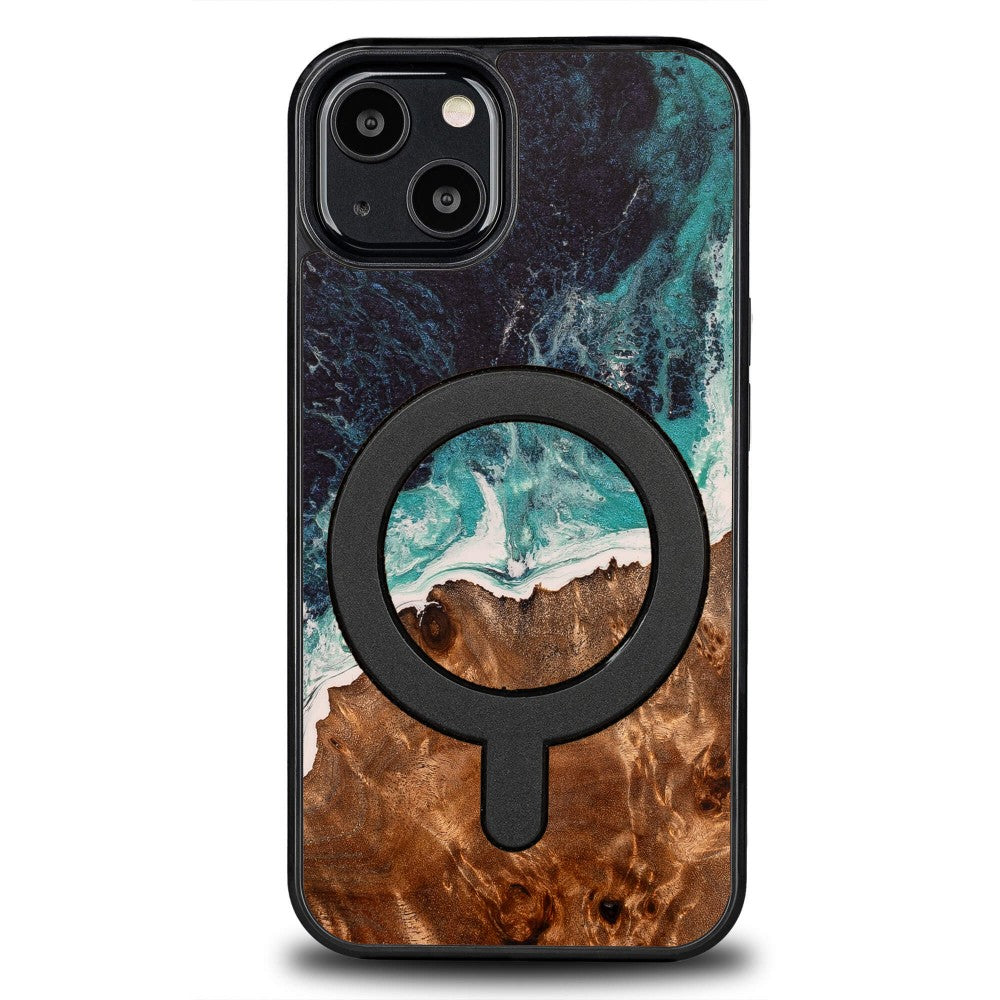 Holzhülle für iPhone 13, Bewood Unique Dream Island für MagSafe, Blau-Braun