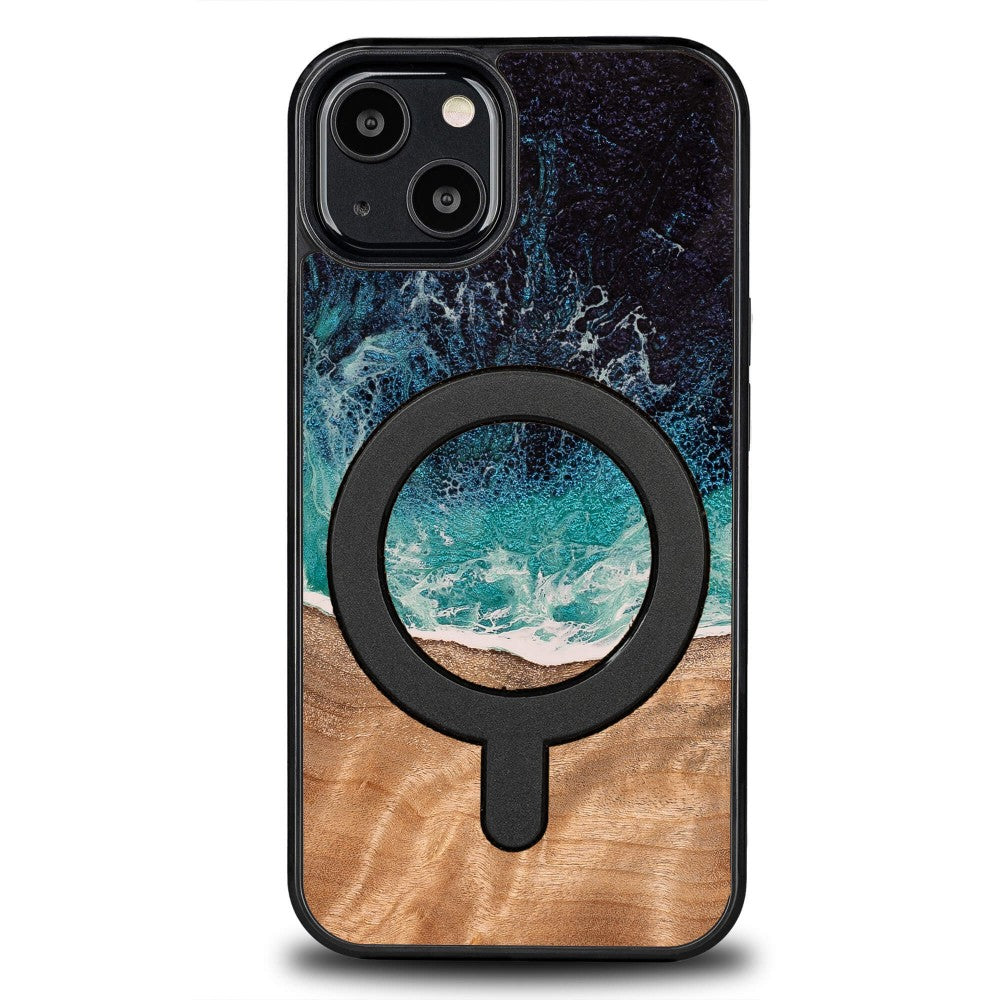 Holzhülle für iPhone 13, Bewood Unique Dream Island für MagSafe, Blau-Braun