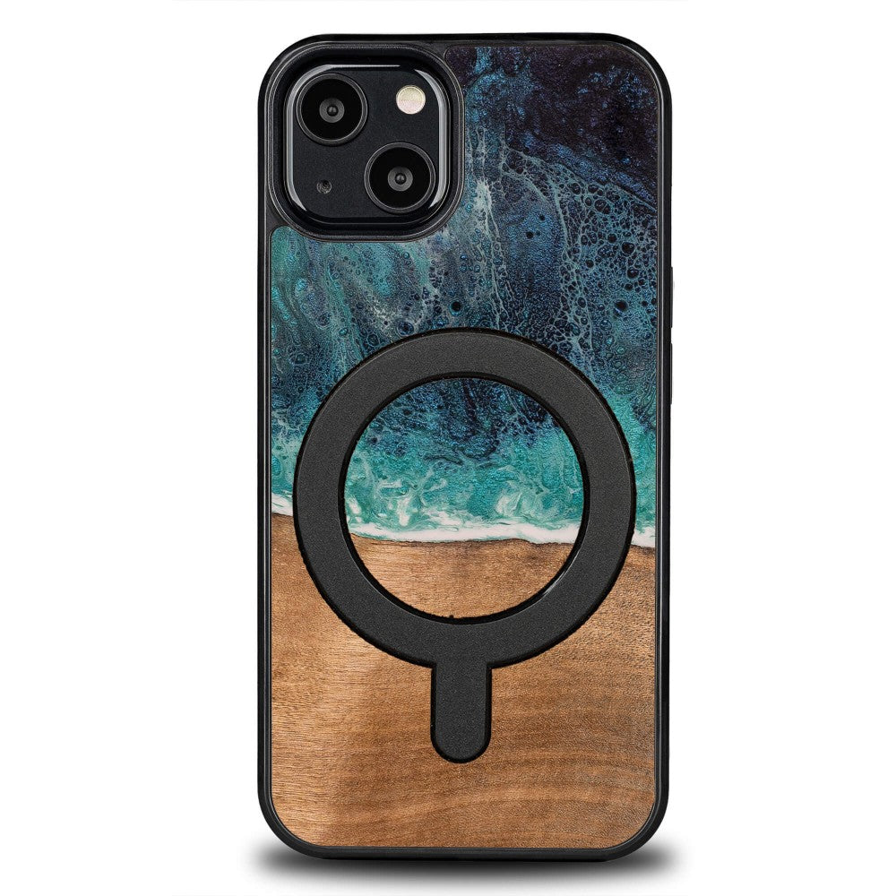 Holzhülle für iPhone 13, Bewood Unique Dream Island für MagSafe, Blau-Braun