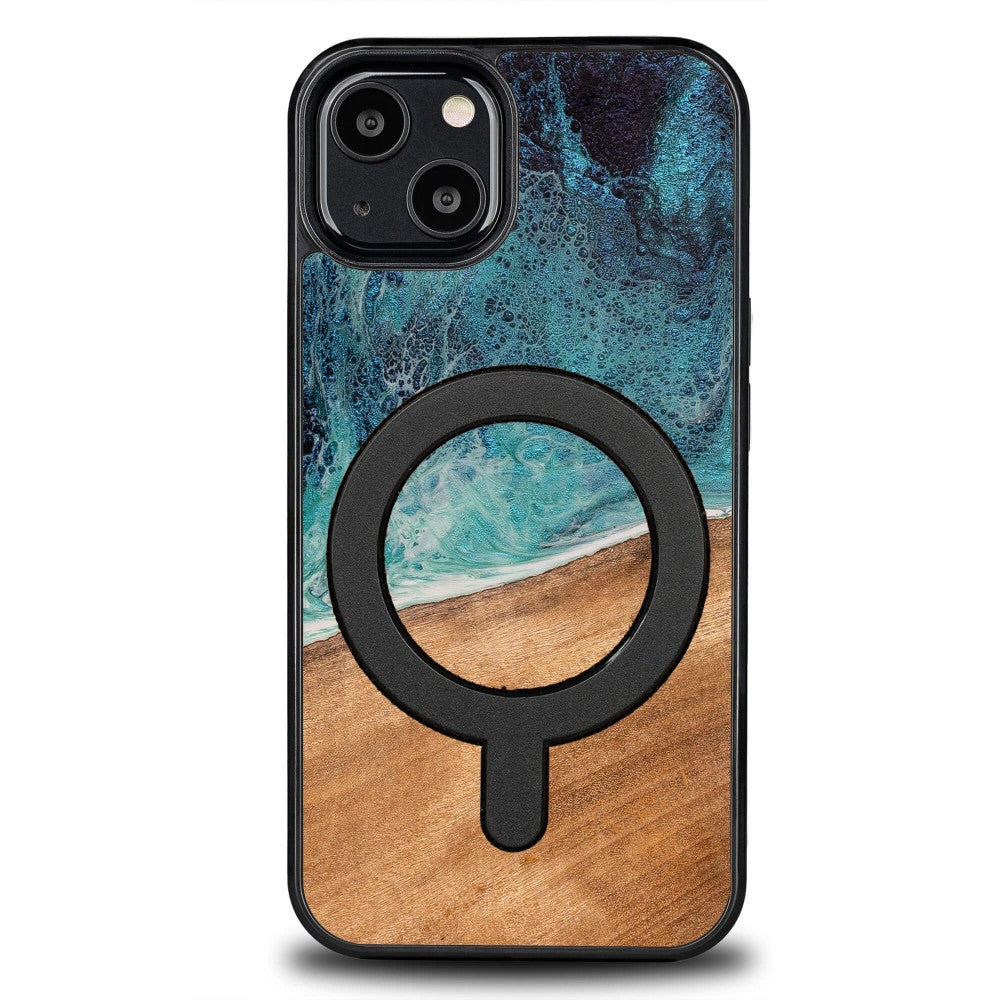 Holzhülle für iPhone 13, Bewood Unique Dream Island für MagSafe, Blau-Braun