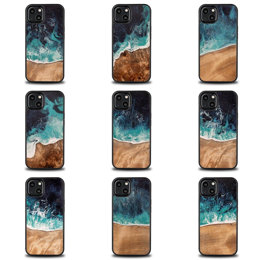 Holzhülle für iPhone 13, Bewood Unique Dream Island, Blau-Braun