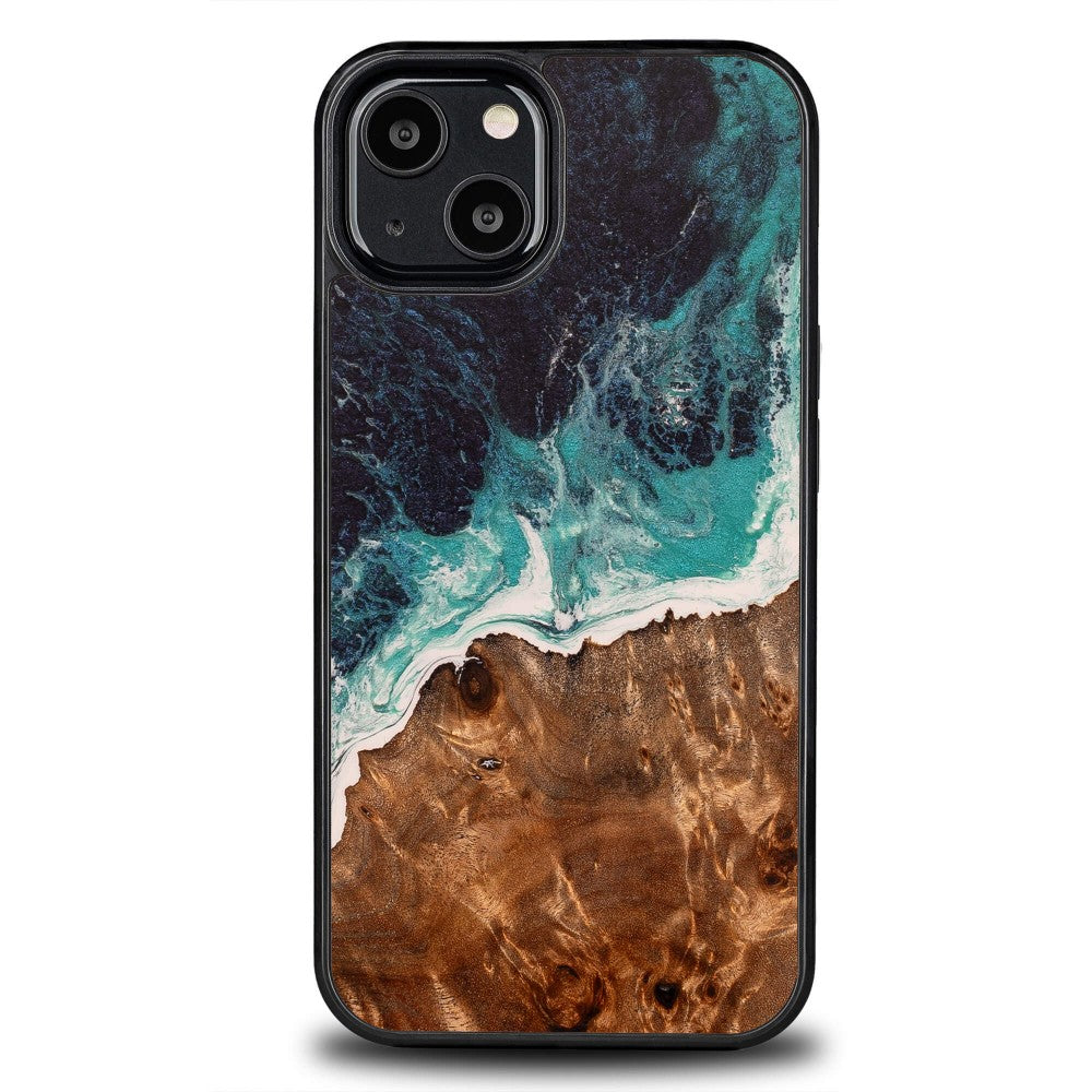 Holzhülle für iPhone 13, Bewood Unique Dream Island, Blau-Braun