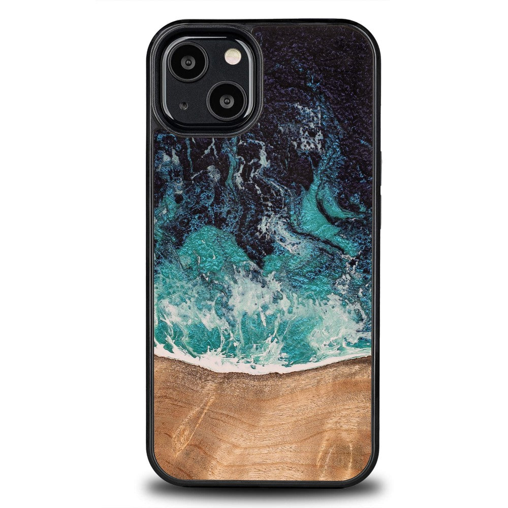 Holzhülle für iPhone 13, Bewood Unique Dream Island, Blau-Braun