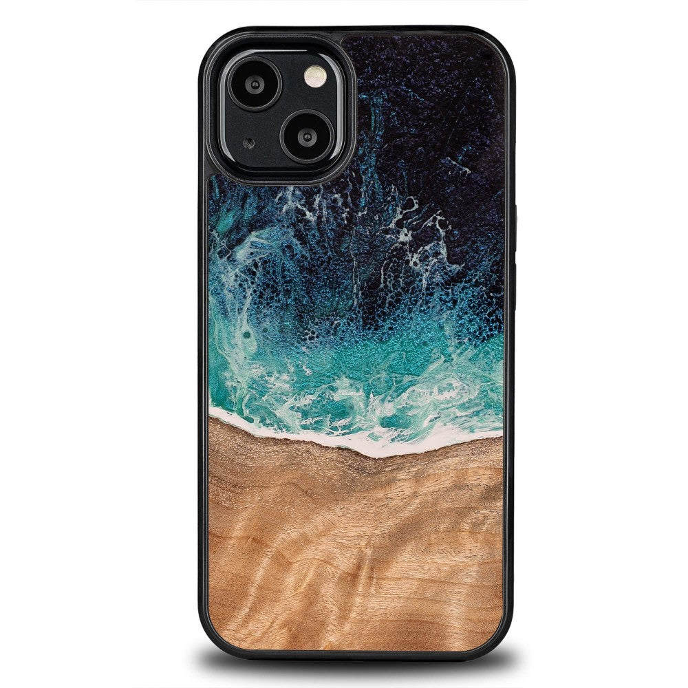Holzhülle für iPhone 13, Bewood Unique Dream Island, Blau-Braun