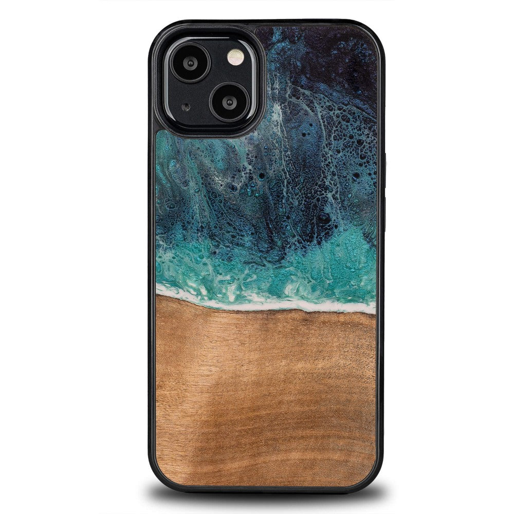 Holzhülle für iPhone 13, Bewood Unique Dream Island, Blau-Braun