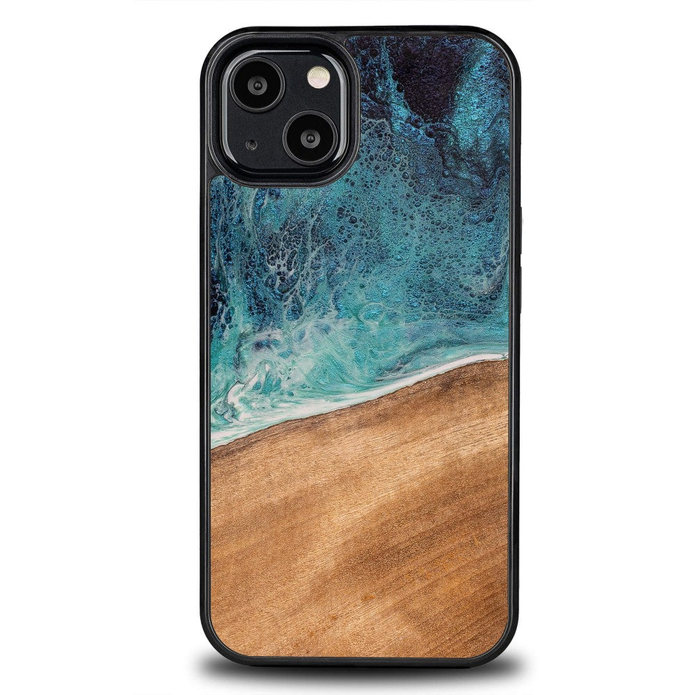 Holzhülle für iPhone 13, Bewood Unique Dream Island, Blau-Braun