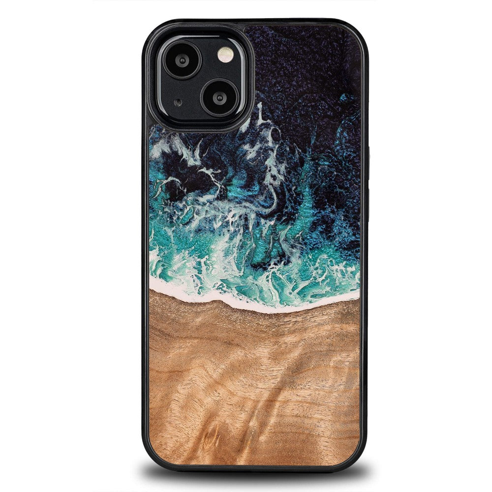 Holzhülle für iPhone 13, Bewood Unique Dream Island, Blau-Braun