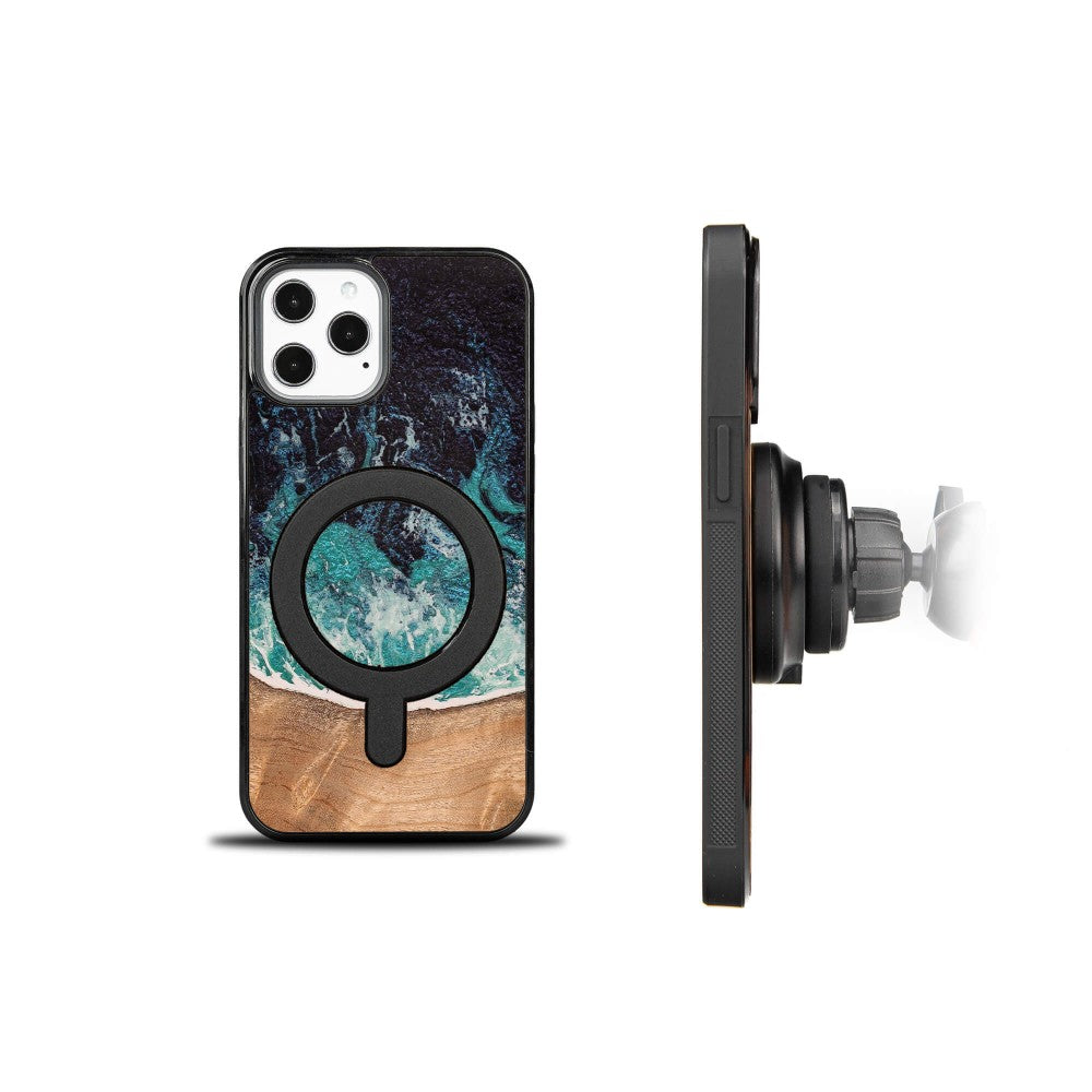 Holzhülle für iPhone 12 Pro Max, Bewood Unique Dream Island für MagSafe, Blau-Braun