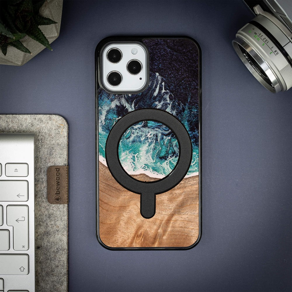 Holzhülle für iPhone 12 Pro Max, Bewood Unique Dream Island für MagSafe, Blau-Braun