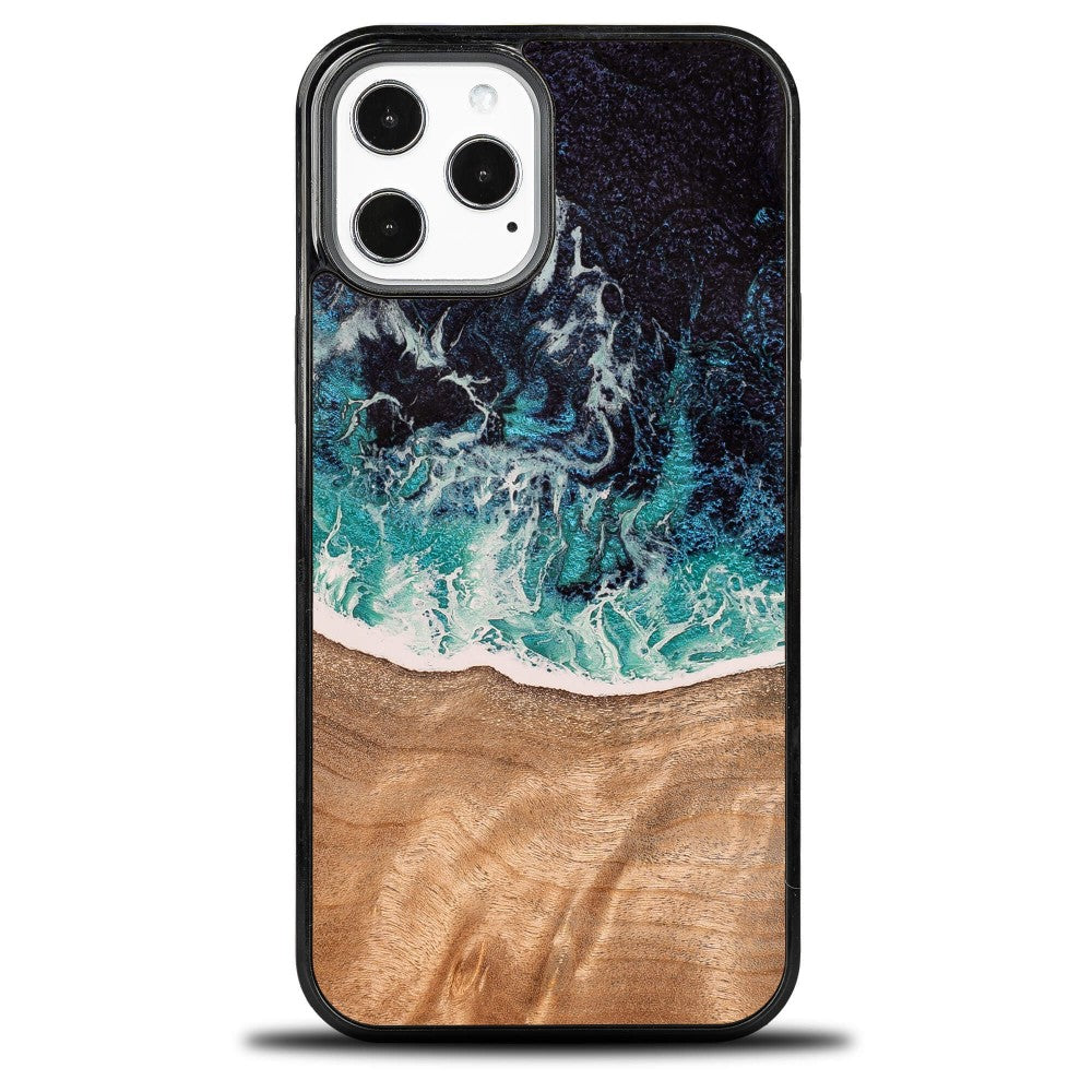 Holzhülle für iPhone 12 Pro Max, Bewood Unique Dream Island, Blau-Braun