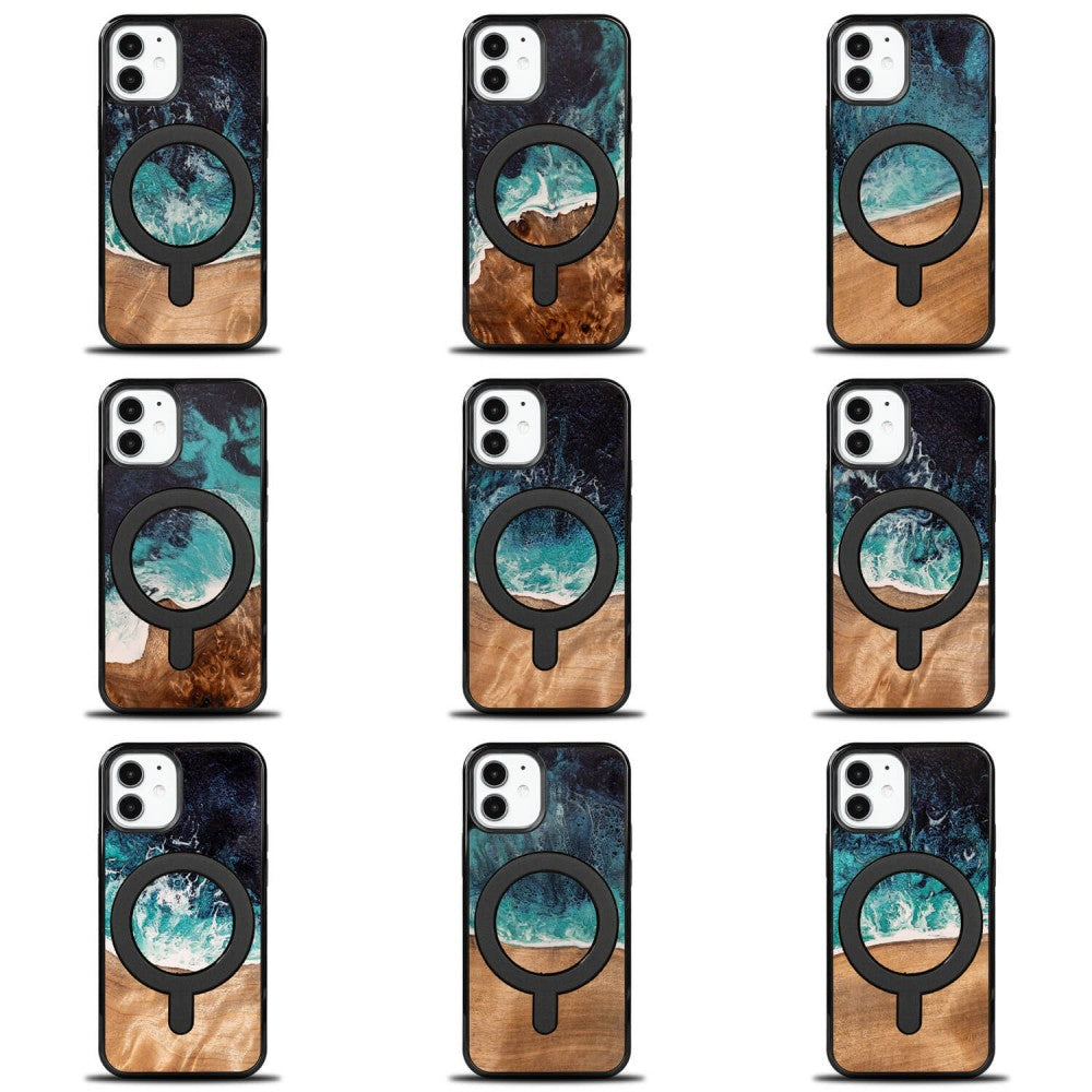 Holzhülle für iPhone 12 Mini, Bewood Unique Dream Island für MagSafe, Blau-Braun