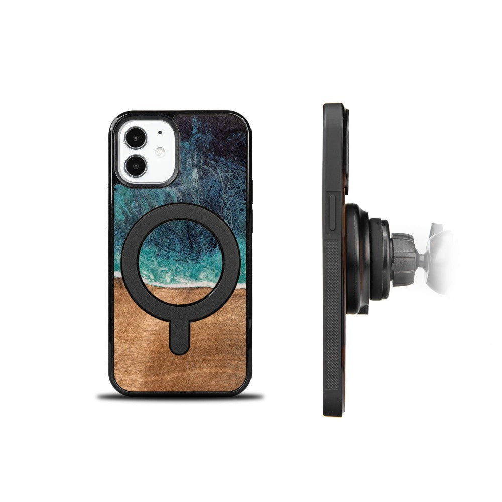 Holzhülle für iPhone 12 Mini, Bewood Unique Dream Island für MagSafe, Blau-Braun