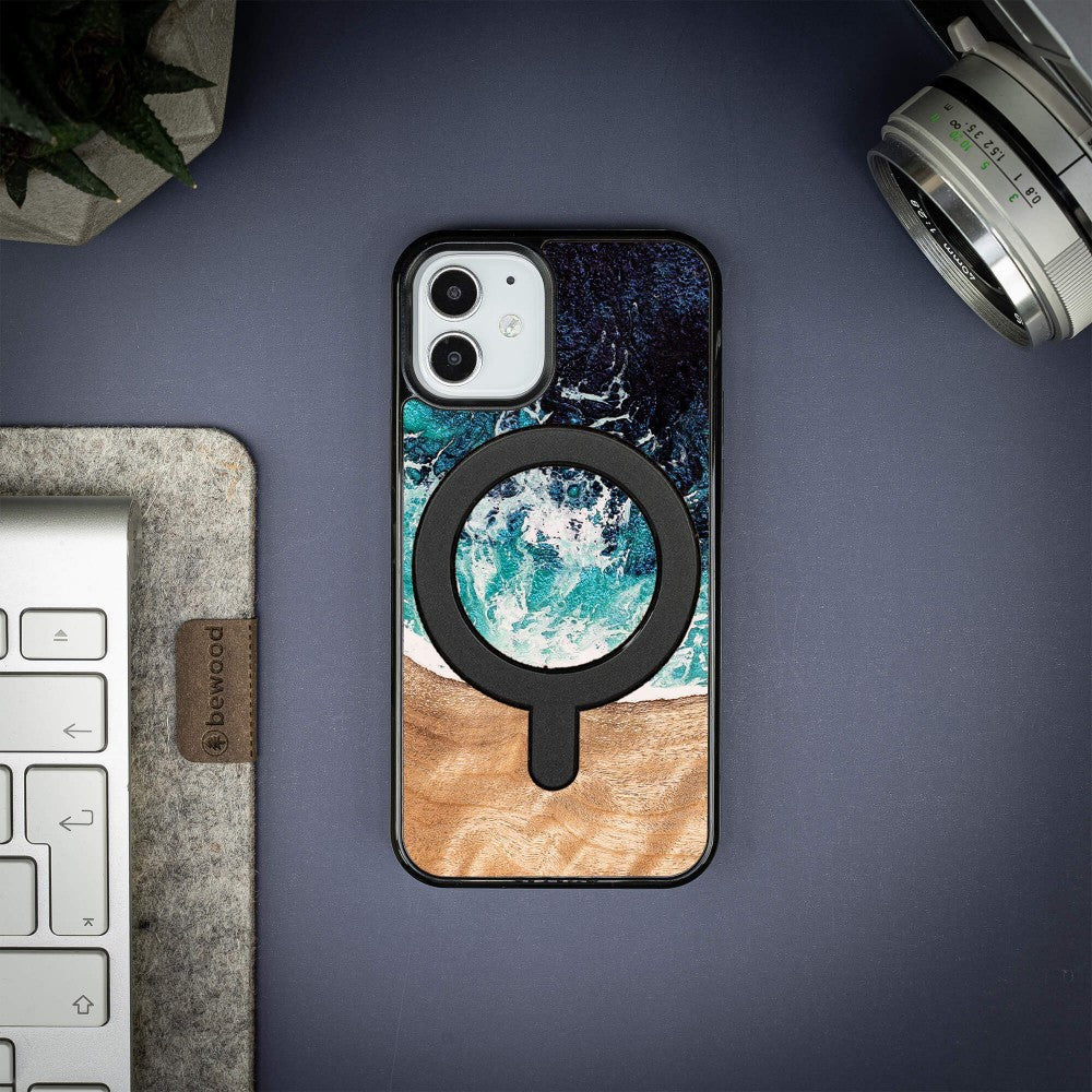 Holzhülle für iPhone 12 Mini, Bewood Unique Dream Island für MagSafe, Blau-Braun