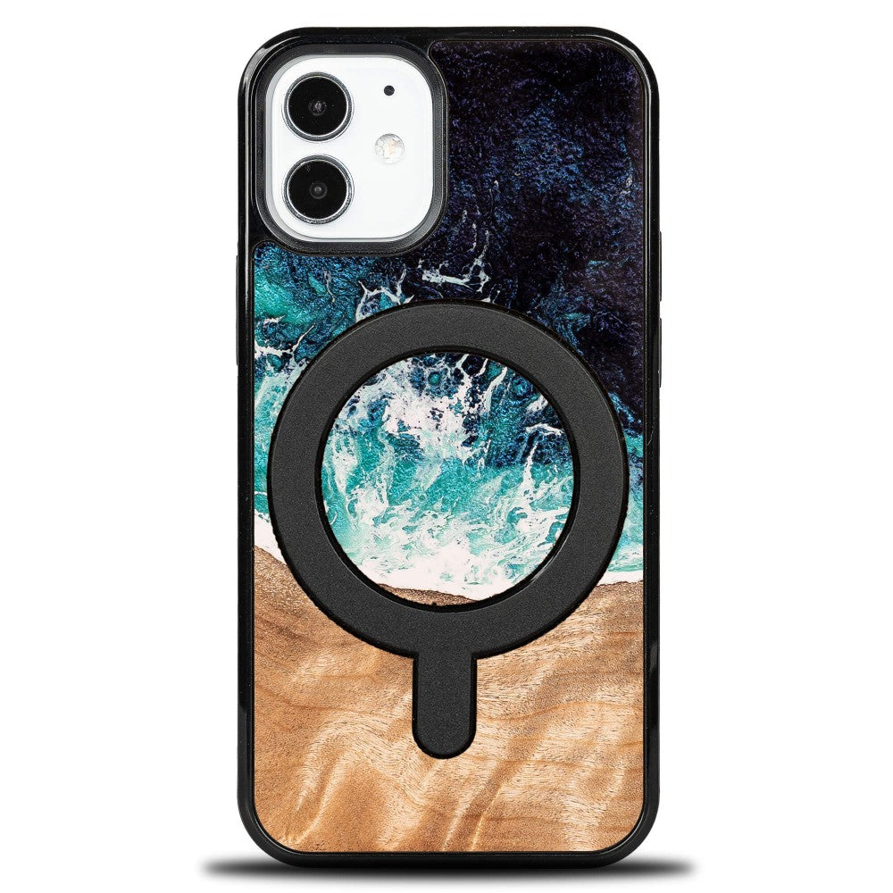 Holzhülle für iPhone 12 Mini, Bewood Unique Dream Island für MagSafe, Blau-Braun
