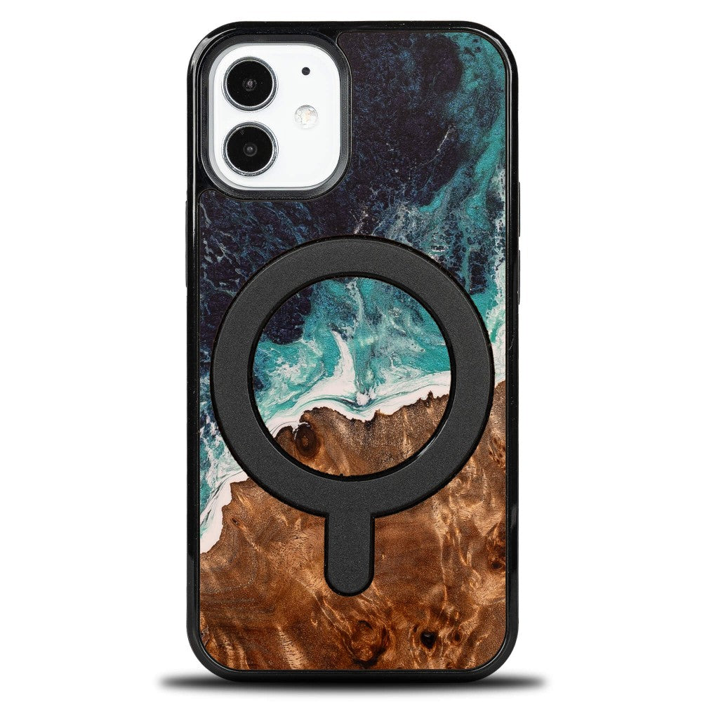 Holzhülle für iPhone 12 Mini, Bewood Unique Dream Island für MagSafe, Blau-Braun