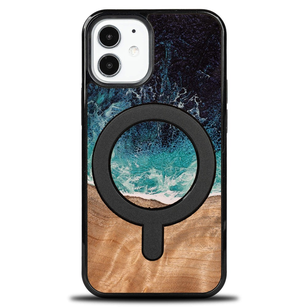 Holzhülle für iPhone 12 Mini, Bewood Unique Dream Island für MagSafe, Blau-Braun