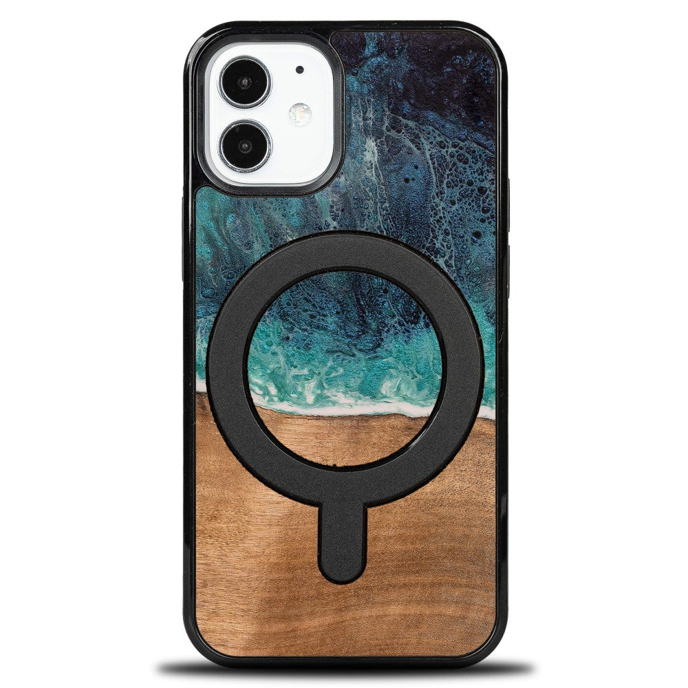 Holzhülle für iPhone 12 Mini, Bewood Unique Dream Island für MagSafe, Blau-Braun