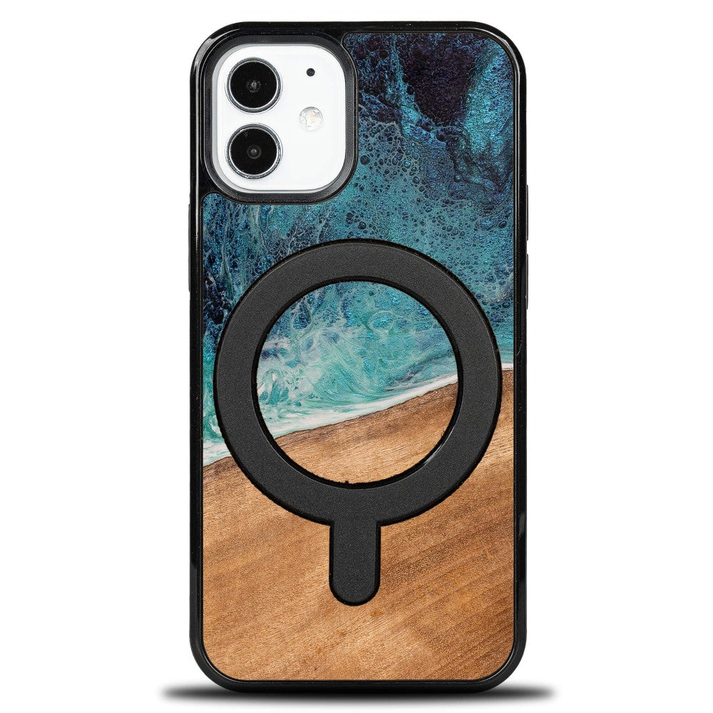 Holzhülle für iPhone 12 Mini, Bewood Unique Dream Island für MagSafe, Blau-Braun