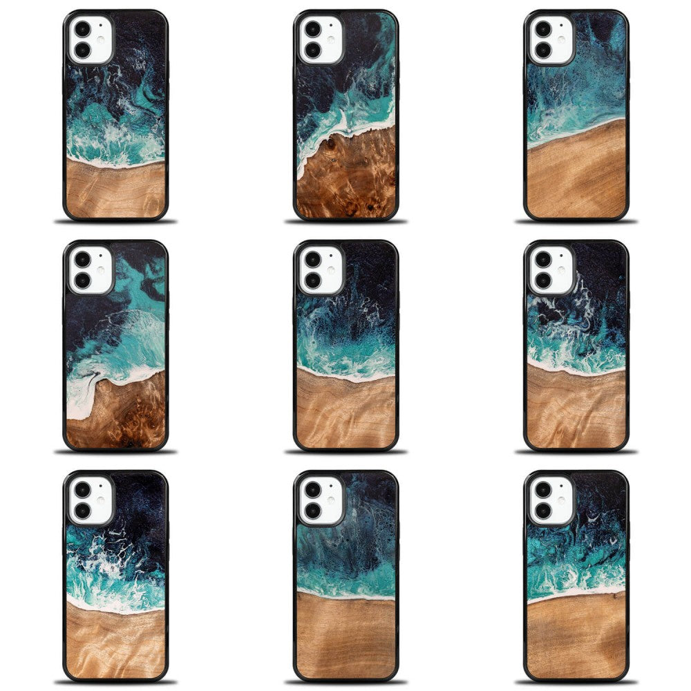 Holzhülle für iPhone 12 Mini, Bewood Unique Dream Island, Blau-Braun