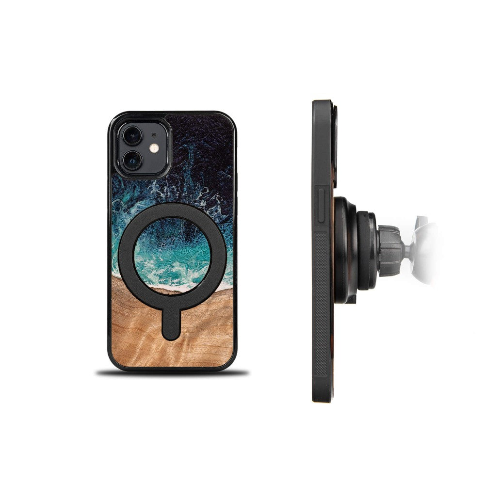 Holzhülle für iPhone 12 / iPhone 12 Pro, Bewood Unique Dream Island für MagSafe, Blau-Braun