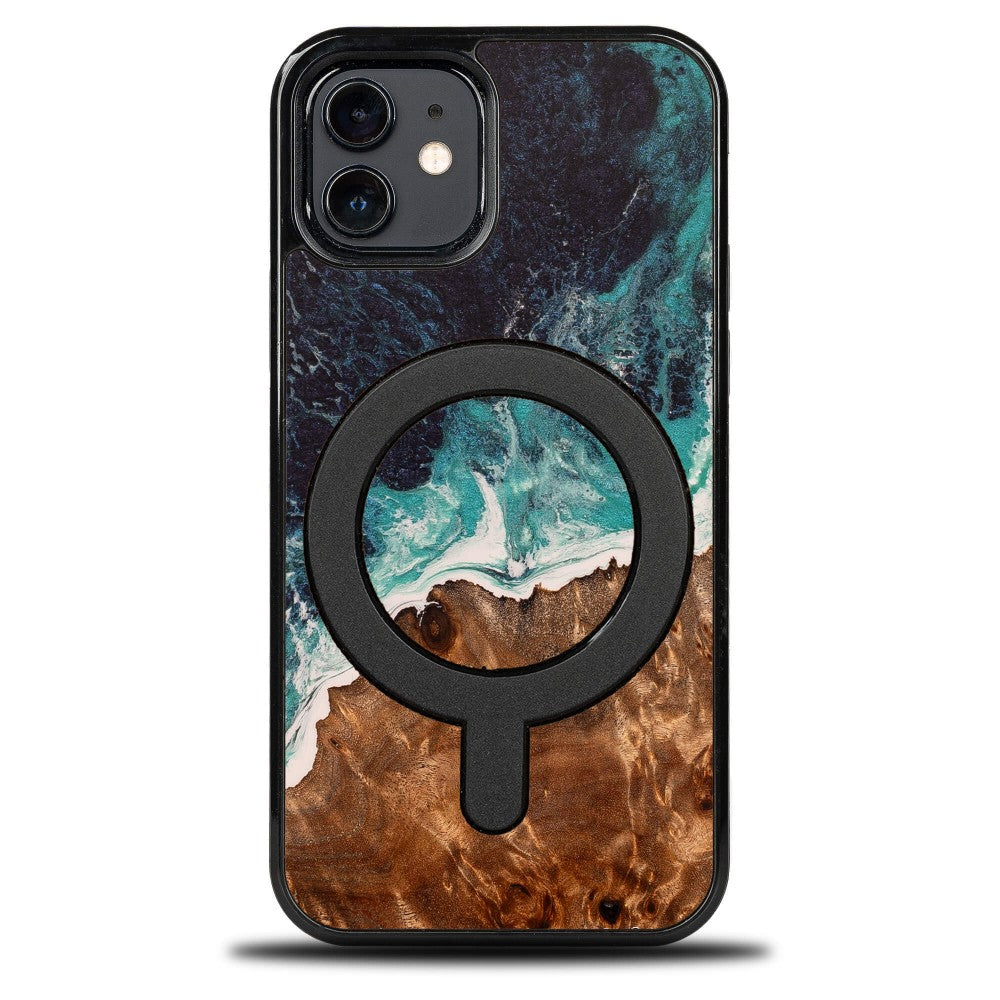 Holzhülle für iPhone 12 / iPhone 12 Pro, Bewood Unique Dream Island für MagSafe, Blau-Braun