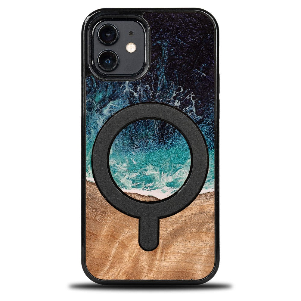 Holzhülle für iPhone 12 / iPhone 12 Pro, Bewood Unique Dream Island für MagSafe, Blau-Braun