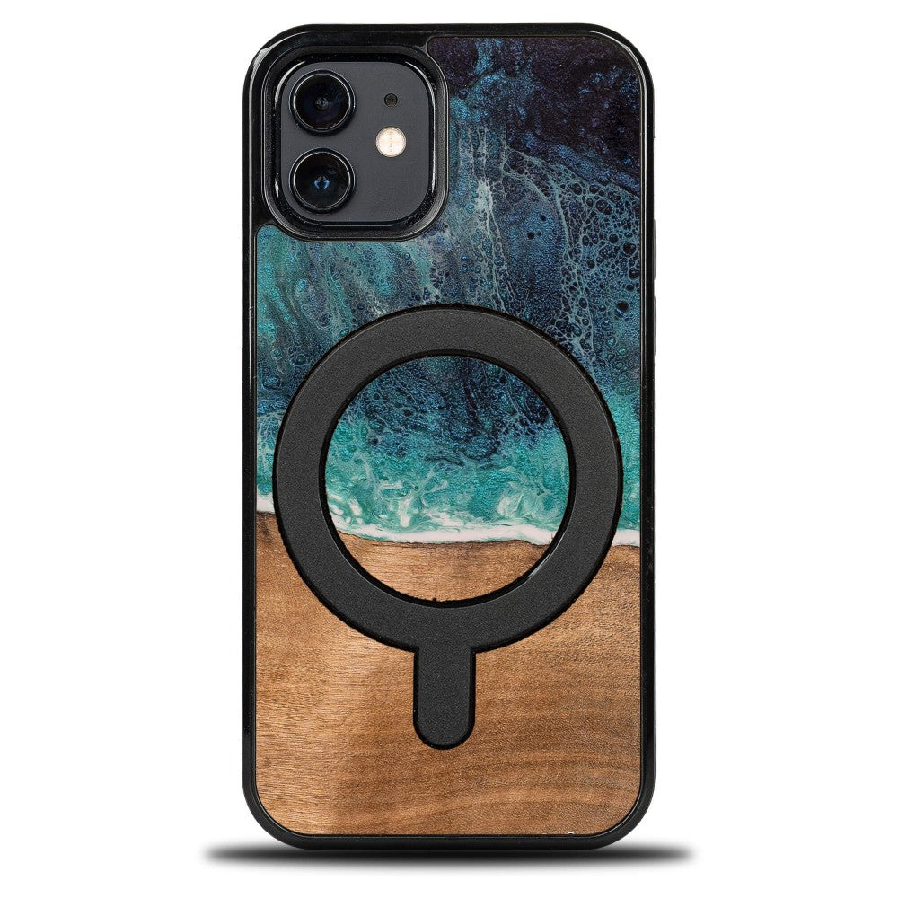 Holzhülle für iPhone 12 / iPhone 12 Pro, Bewood Unique Dream Island für MagSafe, Blau-Braun