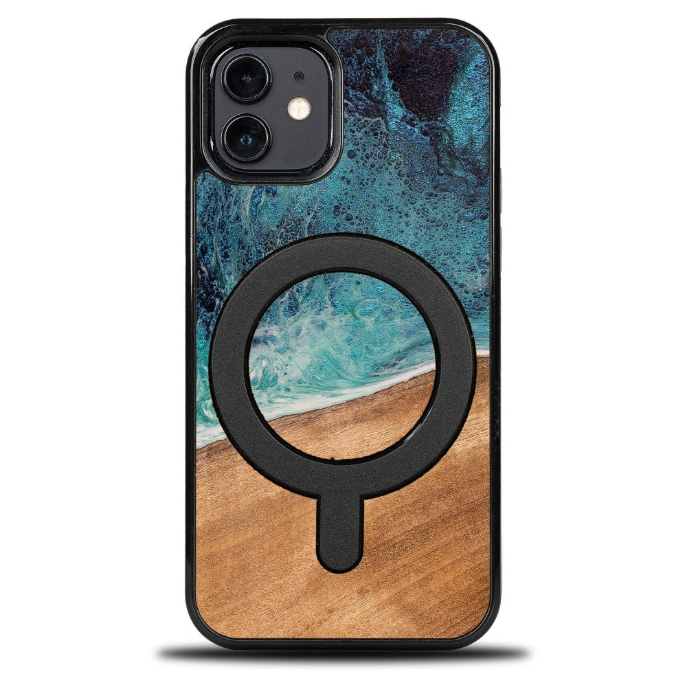 Holzhülle für iPhone 12 / iPhone 12 Pro, Bewood Unique Dream Island für MagSafe, Blau-Braun