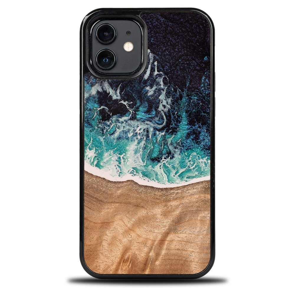 Holzhülle für iPhone 12 / iPhone 12 Pro, Bewood Unique Dream Island, Blau-Braun