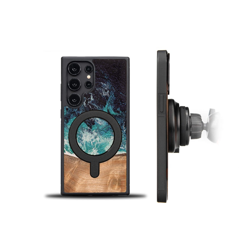 Holzhülle für Galaxy S25 Ultra, Bewood Unique Dream Island für MagSafe, Blau-Braun