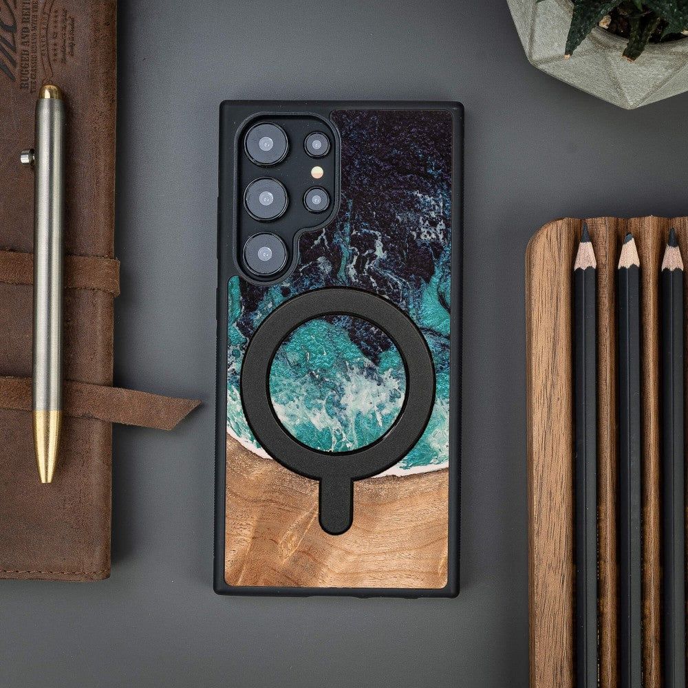 Holzhülle für Galaxy S25 Ultra, Bewood Unique Dream Island für MagSafe, Blau-Braun
