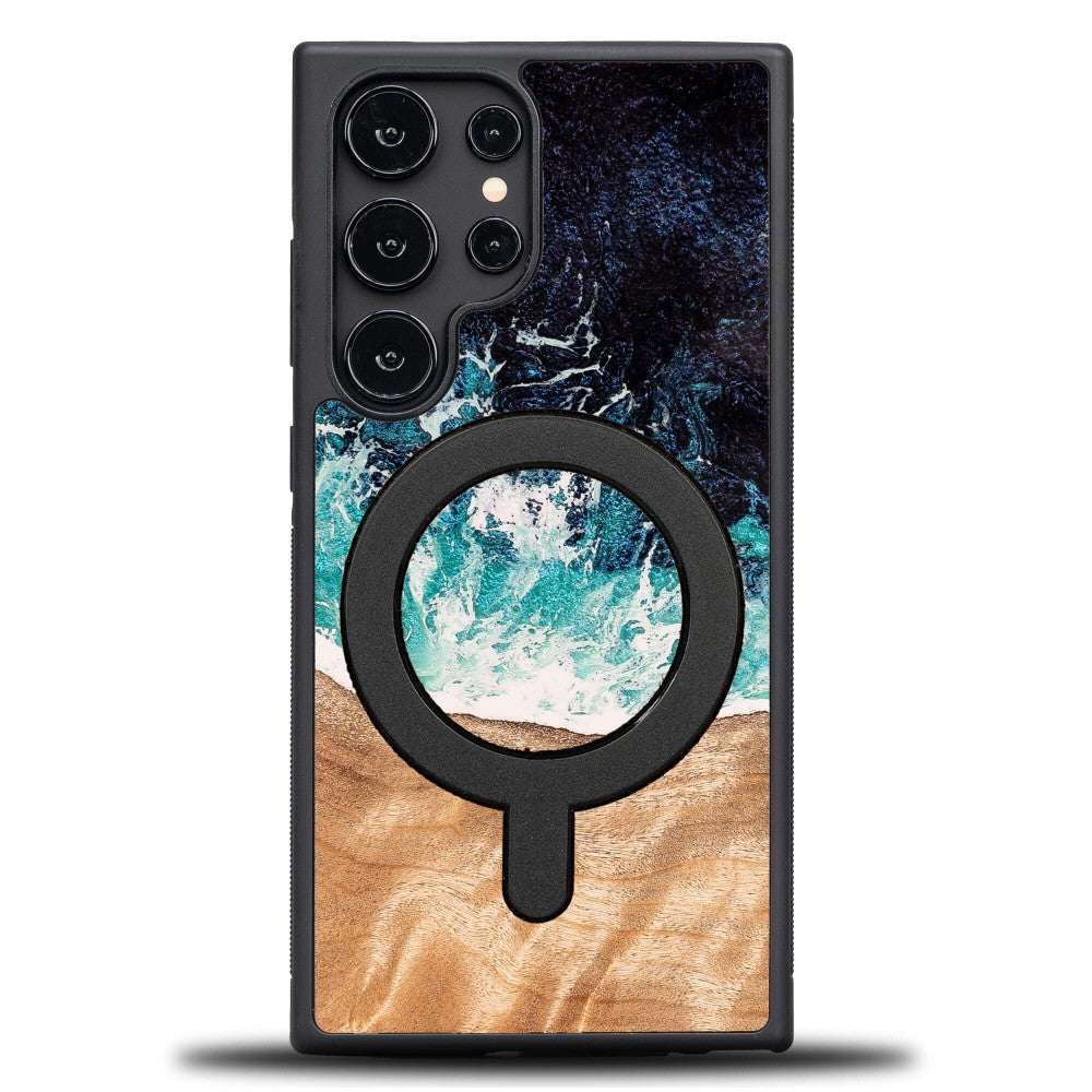 Holzhülle für Galaxy S25 Ultra, Bewood Unique Dream Island für MagSafe, Blau-Braun