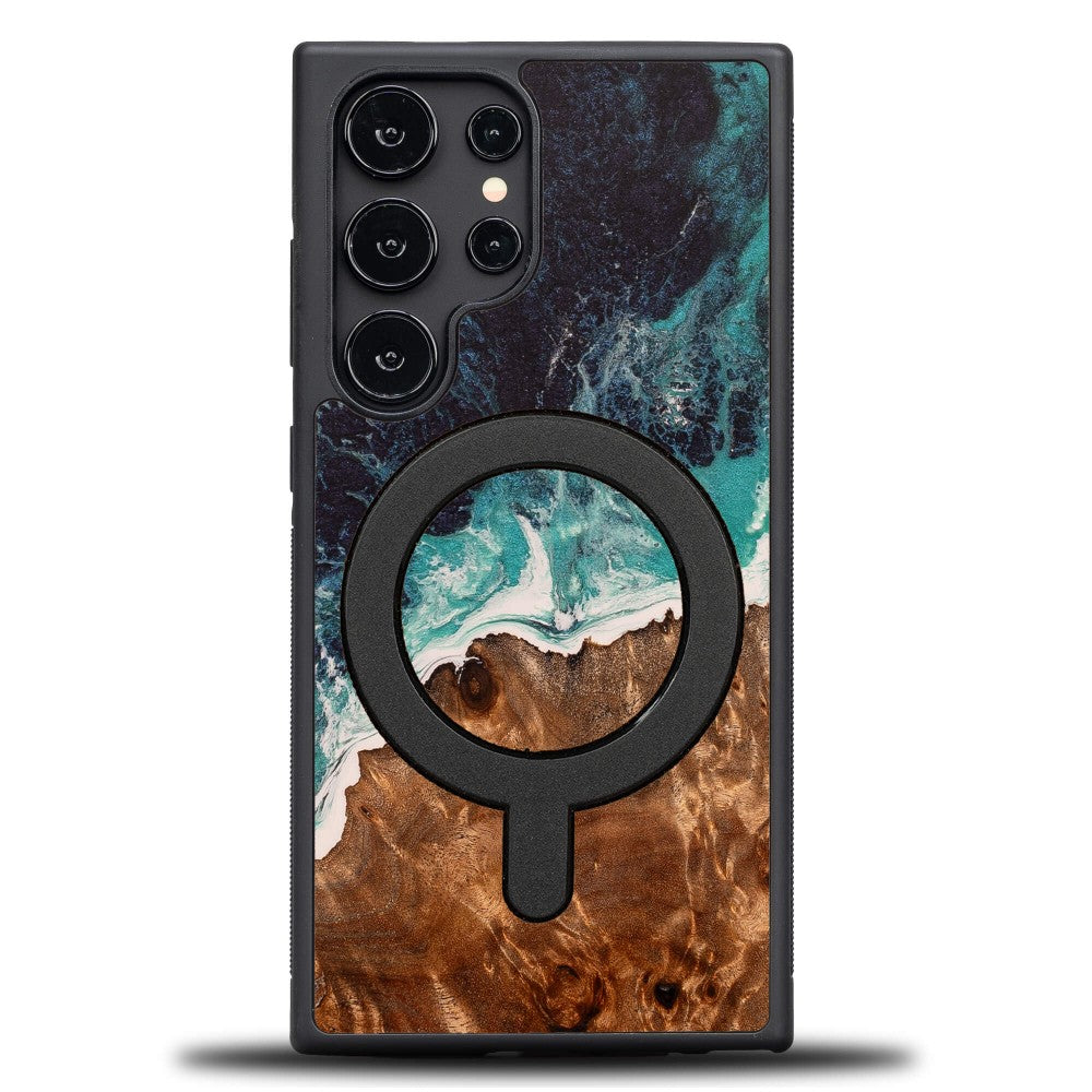 Holzhülle für Galaxy S25 Ultra, Bewood Unique Dream Island für MagSafe, Blau-Braun